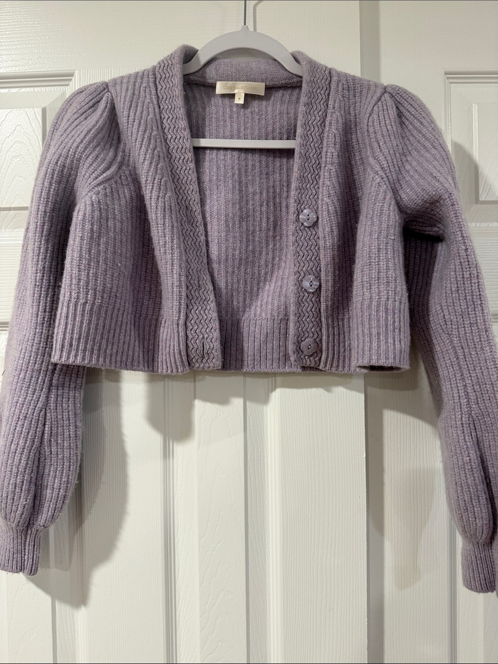 LoveShackFancy Cropped Lavender Ribbed Button Cardigan Sweater wool/cashmere